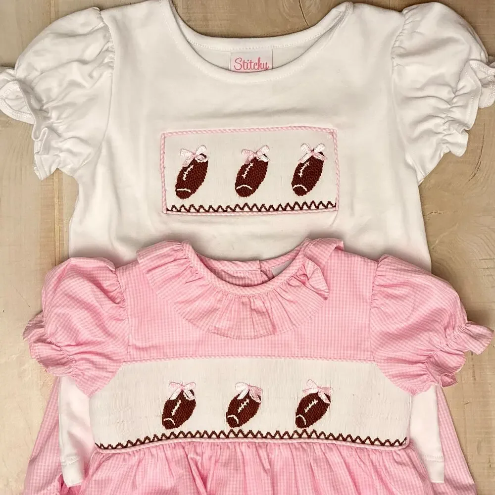 Stitchy Fish Football Sister Set Girls 4T Baby 9M Smocked Pink Gingham Game Day